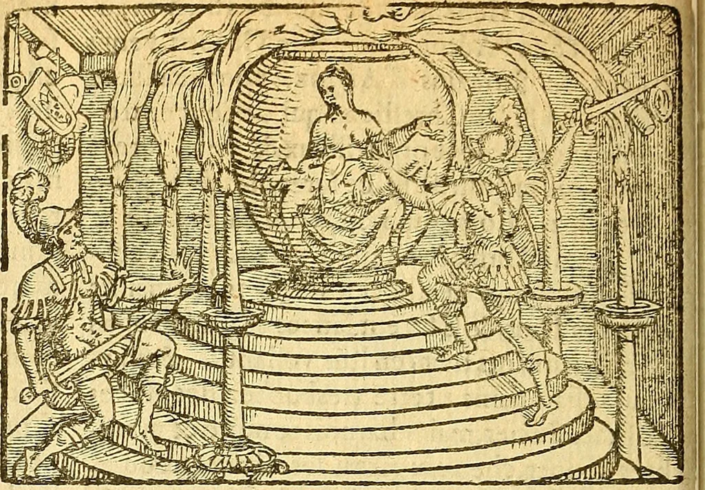 An illustration from L'Hystoire des devx prevx tres nobles et tres-vaillans chevaliers Valentin et Orson : fils de l'Empereur de Grece, & nepueux du tres-vaillant & tres-Chrestien Roy de France, Pepin. Contenant plusieurs & diuerses matieres, comme vous pourrez veoir cy apres, 1614, leaf 141