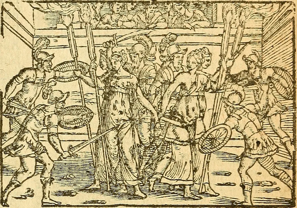 An illustration from L'Hystoire des devx prevx tres nobles et tres-vaillans chevaliers Valentin et Orson : fils de l'Empereur de Grece, & nepueux du tres-vaillant & tres-Chrestien Roy de France, Pepin. Contenant plusieurs & diuerses matieres, comme vous pourrez veoir cy apres, 1614, leaf 142