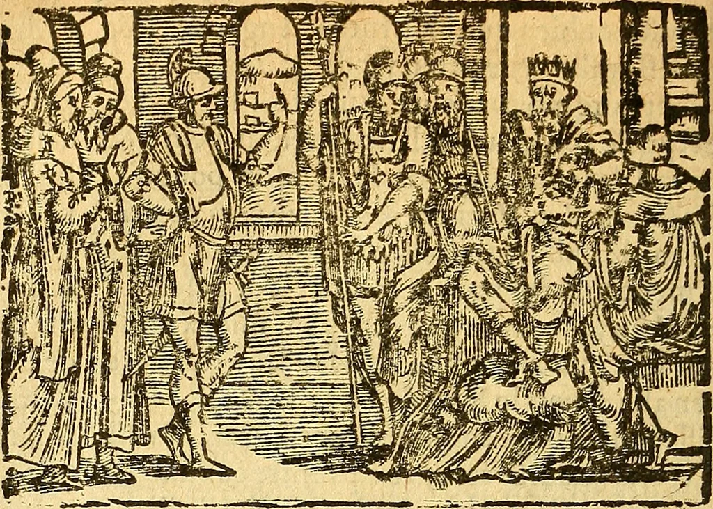 An illustration from L'Hystoire des devx prevx tres nobles et tres-vaillans chevaliers Valentin et Orson : fils de l'Empereur de Grece, & nepueux du tres-vaillant & tres-Chrestien Roy de France, Pepin. Contenant plusieurs & diuerses matieres, comme vous pourrez veoir cy apres, 1614, leaf 147