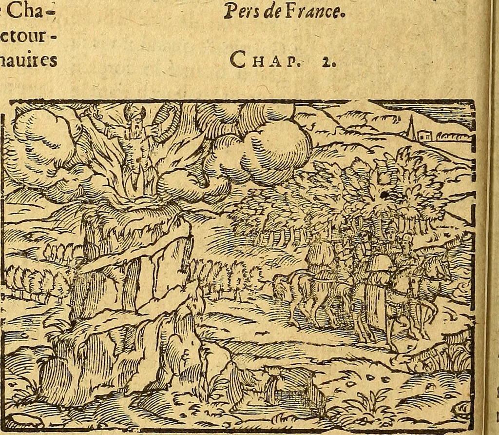 An illustration from L'Hystoire des devx prevx tres nobles et tres-vaillans chevaliers Valentin et Orson : fils de l'Empereur de Grece, & nepueux du tres-vaillant & tres-Chrestien Roy de France, Pepin. Contenant plusieurs & diuerses matieres, comme vous pourrez veoir cy apres, 1614, leaf 149