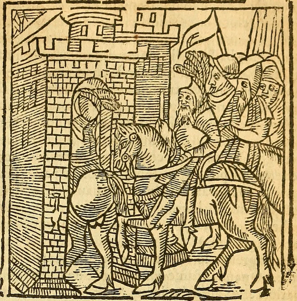 An illustration from L'Hystoire des devx prevx tres nobles et tres-vaillans chevaliers Valentin et Orson : fils de l'Empereur de Grece, & nepueux du tres-vaillant & tres-Chrestien Roy de France, Pepin. Contenant plusieurs & diuerses matieres, comme vous pourrez veoir cy apres, 1614, leaf 152