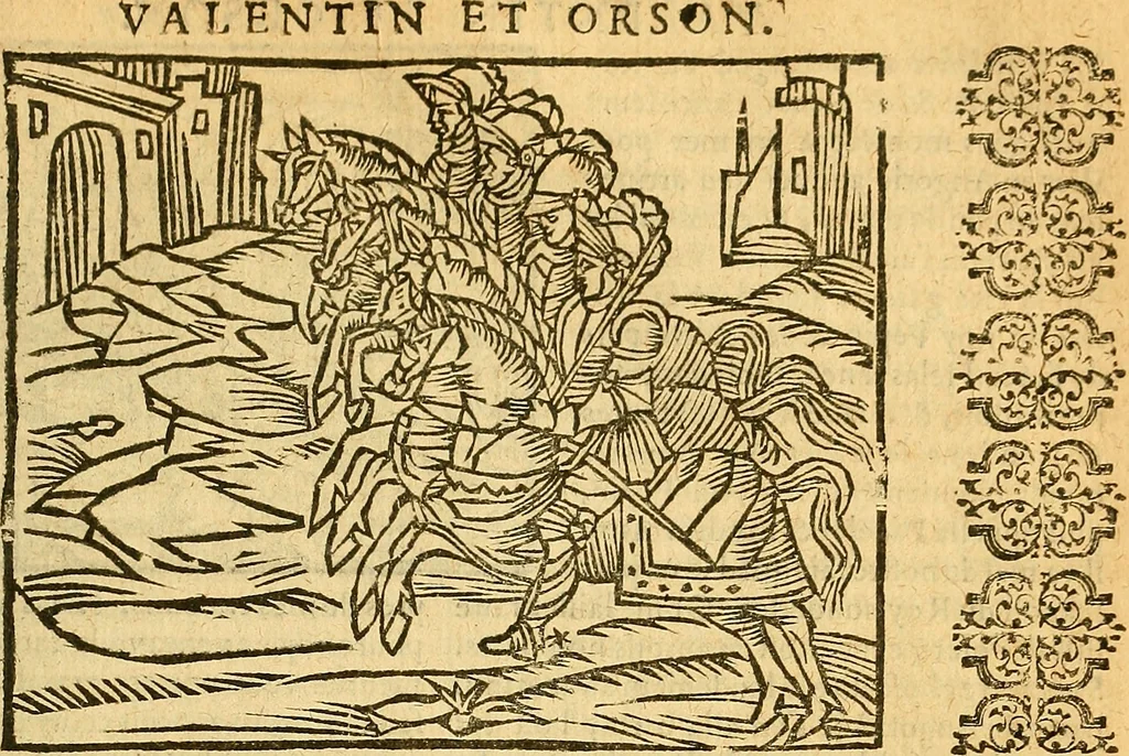 An illustration from L'Hystoire des devx prevx tres nobles et tres-vaillans chevaliers Valentin et Orson : fils de l'Empereur de Grece, & nepueux du tres-vaillant & tres-Chrestien Roy de France, Pepin. Contenant plusieurs & diuerses matieres, comme vous pourrez veoir cy apres, 1614, leaf 154