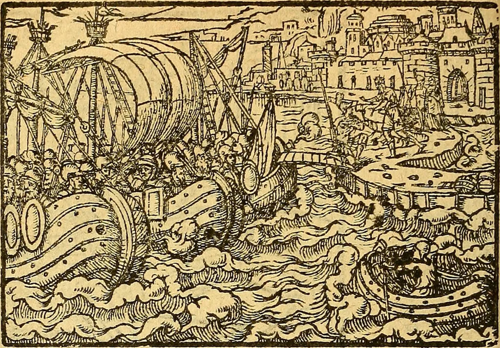 An illustration from L'Hystoire des devx prevx tres nobles et tres-vaillans chevaliers Valentin et Orson : fils de l'Empereur de Grece, & nepueux du tres-vaillant & tres-Chrestien Roy de France, Pepin. Contenant plusieurs & diuerses matieres, comme vous pourrez veoir cy apres, 1614, leaf 155