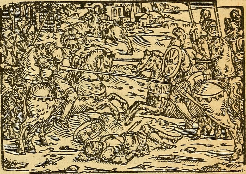 An illustration from L'Hystoire des devx prevx tres nobles et tres-vaillans chevaliers Valentin et Orson : fils de l'Empereur de Grece, & nepueux du tres-vaillant & tres-Chrestien Roy de France, Pepin. Contenant plusieurs & diuerses matieres, comme vous pourrez veoir cy apres, 1614, leaf 158