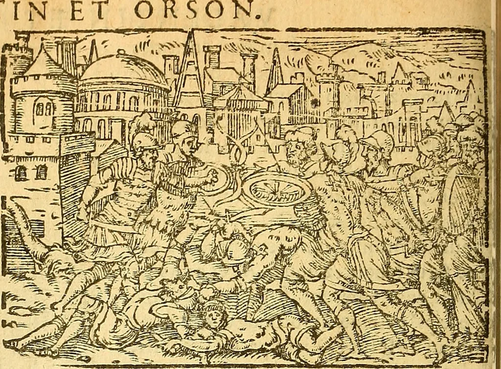 An illustration from L'Hystoire des devx prevx tres nobles et tres-vaillans chevaliers Valentin et Orson : fils de l'Empereur de Grece, & nepueux du tres-vaillant & tres-Chrestien Roy de France, Pepin. Contenant plusieurs & diuerses matieres, comme vous pourrez veoir cy apres, 1614, leaf 169