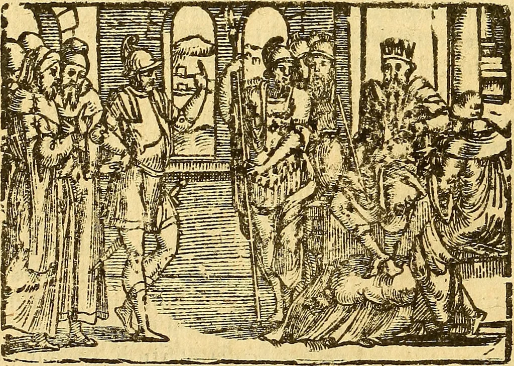 An illustration from L'Hystoire des devx prevx tres nobles et tres-vaillans chevaliers Valentin et Orson : fils de l'Empereur de Grece, & nepueux du tres-vaillant & tres-Chrestien Roy de France, Pepin. Contenant plusieurs & diuerses matieres, comme vous pourrez veoir cy apres, 1614, leaf 17