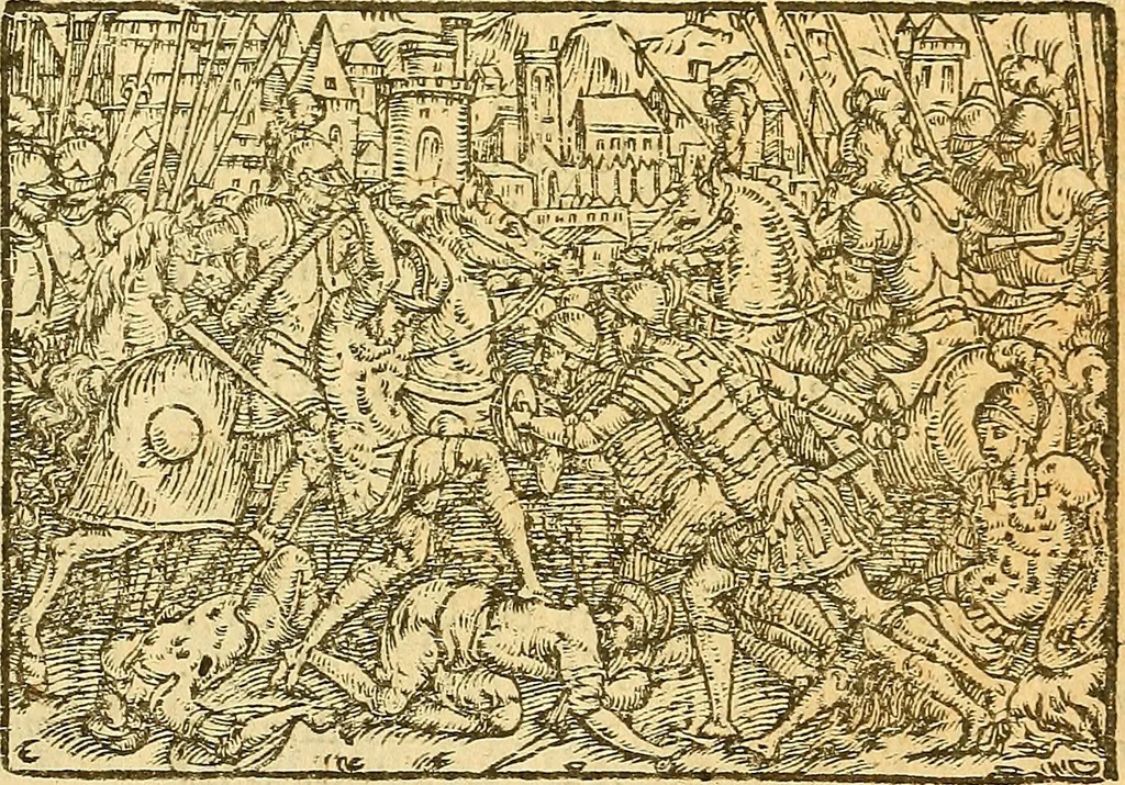 An illustration from L'Hystoire des devx prevx tres nobles et tres-vaillans chevaliers Valentin et Orson : fils de l'Empereur de Grece, & nepueux du tres-vaillant & tres-Chrestien Roy de France, Pepin. Contenant plusieurs & diuerses matieres, comme vous pourrez veoir cy apres, 1614, leaf 170