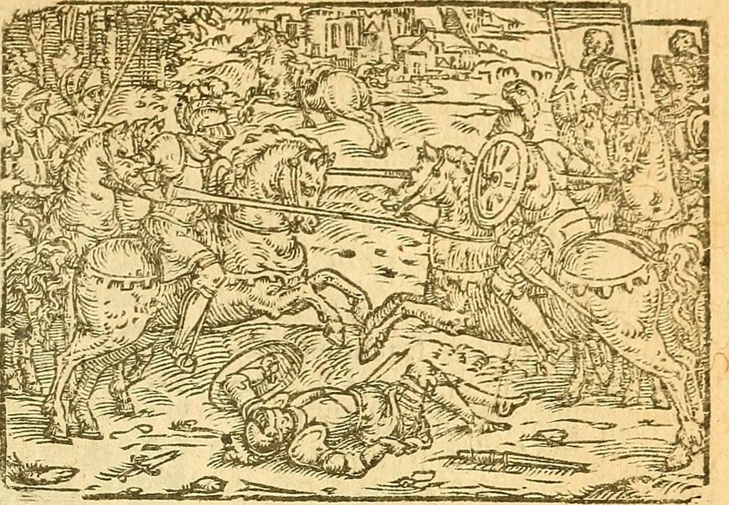 An illustration from L'Hystoire des devx prevx tres nobles et tres-vaillans chevaliers Valentin et Orson : fils de l'Empereur de Grece, & nepueux du tres-vaillant & tres-Chrestien Roy de France, Pepin. Contenant plusieurs & diuerses matieres, comme vous pourrez veoir cy apres, 1614, leaf 172