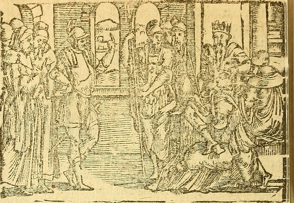An illustration from L'Hystoire des devx prevx tres nobles et tres-vaillans chevaliers Valentin et Orson : fils de l'Empereur de Grece, & nepueux du tres-vaillant & tres-Chrestien Roy de France, Pepin. Contenant plusieurs & diuerses matieres, comme vous pourrez veoir cy apres, 1614, leaf 175
