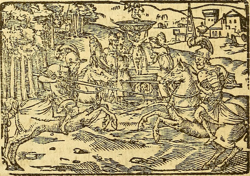 An illustration from L'Hystoire des devx prevx tres nobles et tres-vaillans chevaliers Valentin et Orson : fils de l'Empereur de Grece, & nepueux du tres-vaillant & tres-Chrestien Roy de France, Pepin. Contenant plusieurs & diuerses matieres, comme vous pourrez veoir cy apres, 1614, leaf 19