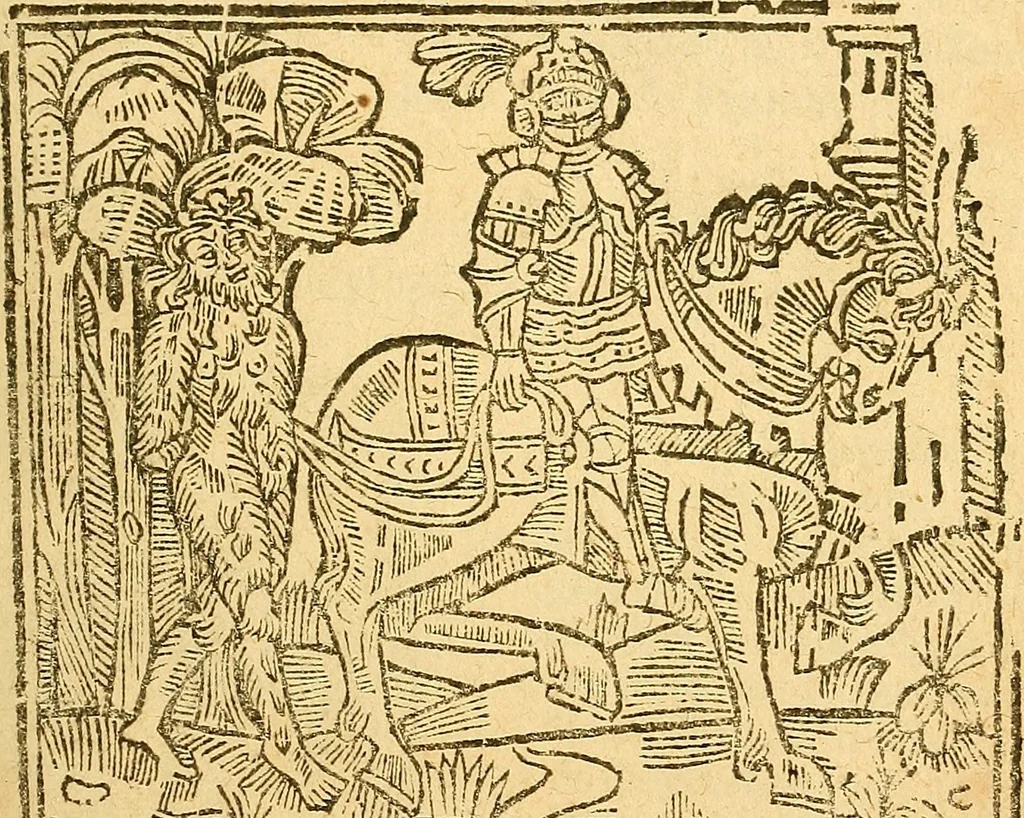 An illustration from L'Hystoire des devx prevx tres nobles et tres-vaillans chevaliers Valentin et Orson : fils de l'Empereur de Grece, & nepueux du tres-vaillant & tres-Chrestien Roy de France, Pepin. Contenant plusieurs & diuerses matieres, comme vous pourrez veoir cy apres, 1614, leaf 2