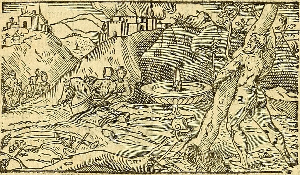 An illustration from L'Hystoire des devx prevx tres nobles et tres-vaillans chevaliers Valentin et Orson : fils de l'Empereur de Grece, & nepueux du tres-vaillant & tres-Chrestien Roy de France, Pepin. Contenant plusieurs & diuerses matieres, comme vous pourrez veoir cy apres, 1614, leaf 31