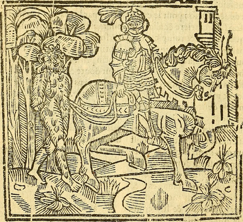 An illustration from L'Hystoire des devx prevx tres nobles et tres-vaillans chevaliers Valentin et Orson : fils de l'Empereur de Grece, & nepueux du tres-vaillant & tres-Chrestien Roy de France, Pepin. Contenant plusieurs & diuerses matieres, comme vous pourrez veoir cy apres, 1614, leaf 33