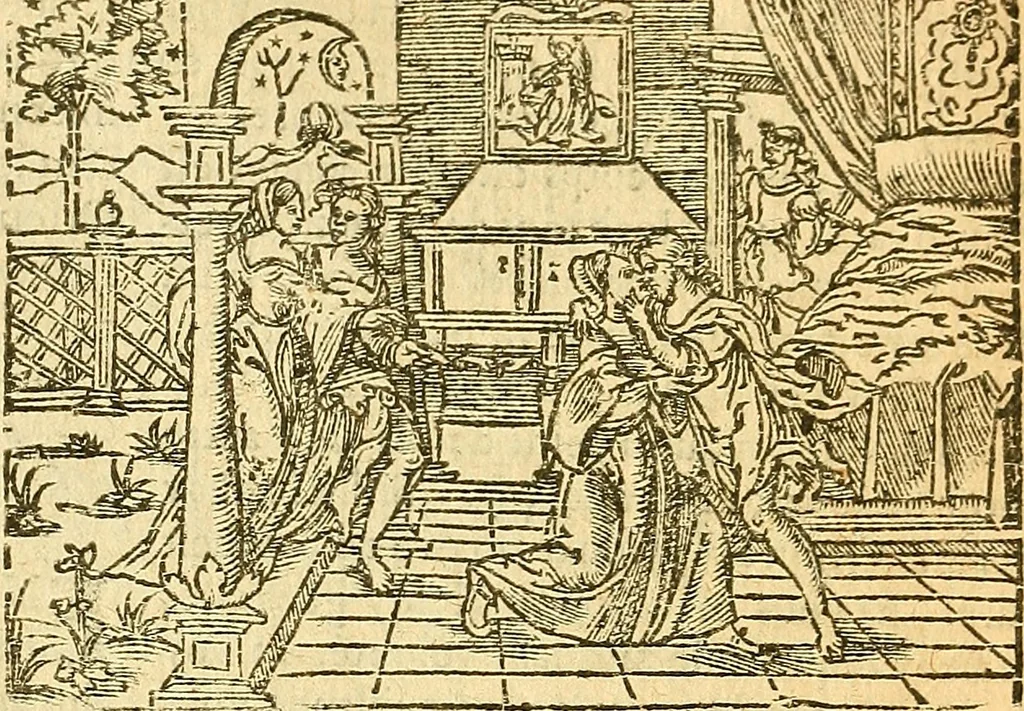 An illustration from L'Hystoire des devx prevx tres nobles et tres-vaillans chevaliers Valentin et Orson : fils de l'Empereur de Grece, & nepueux du tres-vaillant & tres-Chrestien Roy de France, Pepin. Contenant plusieurs & diuerses matieres, comme vous pourrez veoir cy apres, 1614, leaf 36
