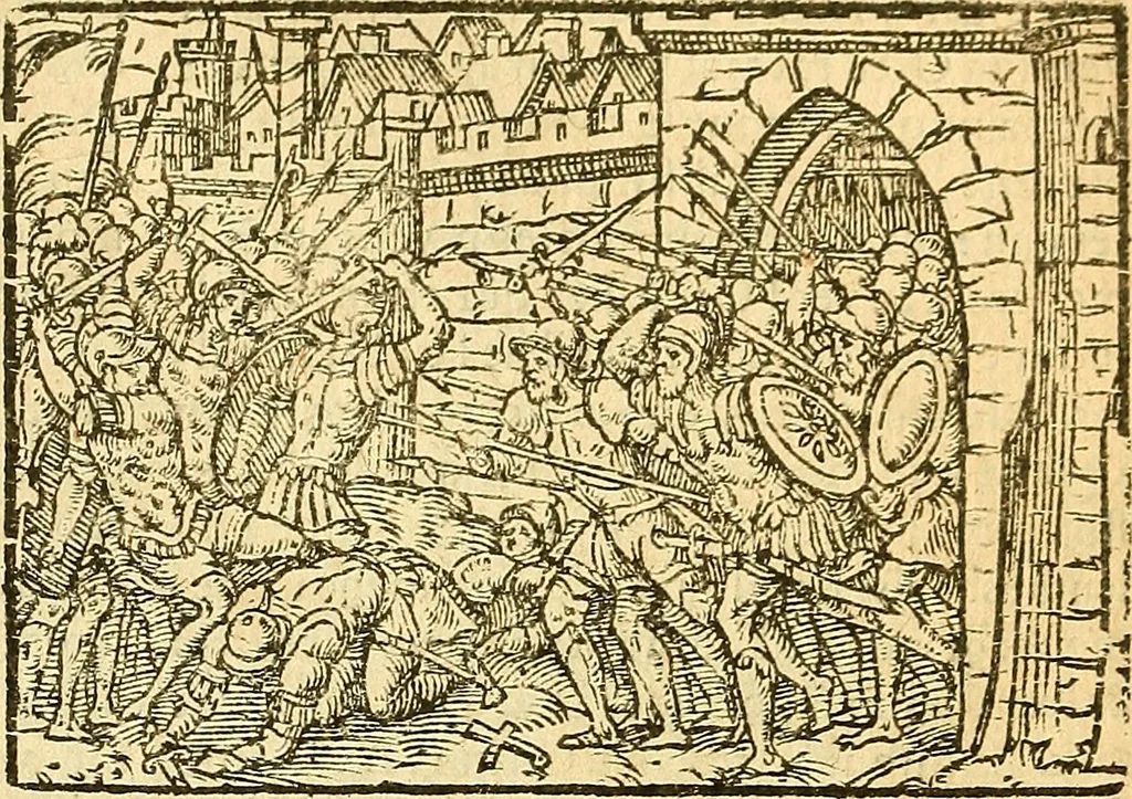 An illustration from L'Hystoire des devx prevx tres nobles et tres-vaillans chevaliers Valentin et Orson : fils de l'Empereur de Grece, & nepueux du tres-vaillant & tres-Chrestien Roy de France, Pepin. Contenant plusieurs & diuerses matieres, comme vous pourrez veoir cy apres, 1614, leaf 38