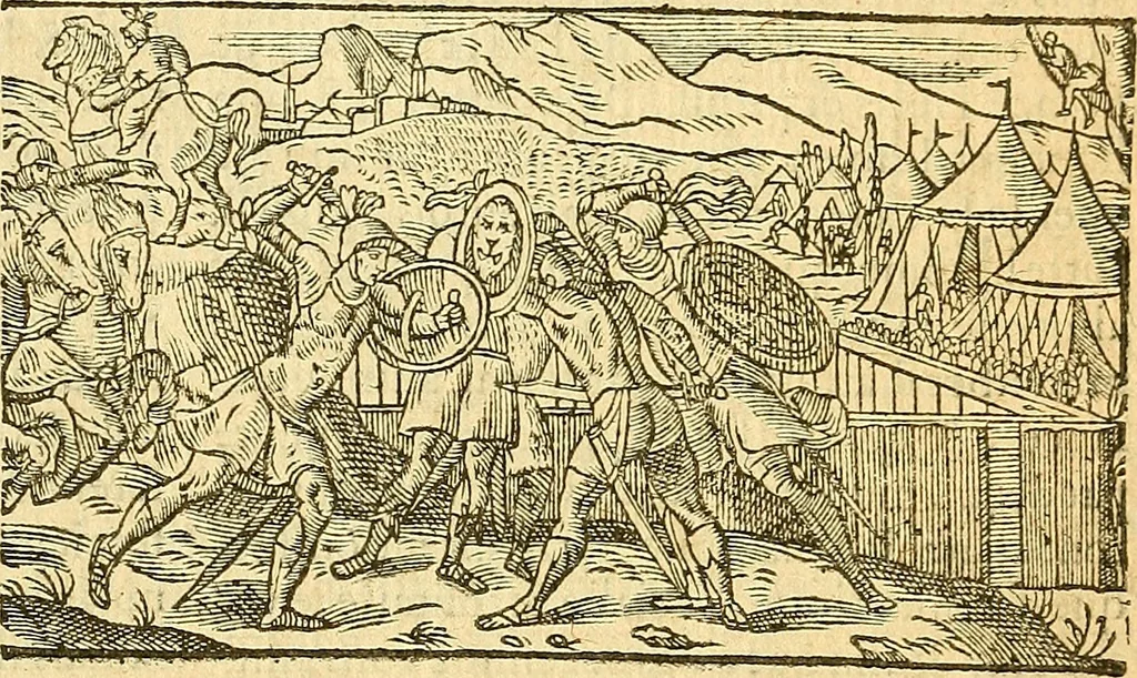 An illustration from L'Hystoire des devx prevx tres nobles et tres-vaillans chevaliers Valentin et Orson : fils de l'Empereur de Grece, & nepueux du tres-vaillant & tres-Chrestien Roy de France, Pepin. Contenant plusieurs & diuerses matieres, comme vous pourrez veoir cy apres, 1614, leaf 40