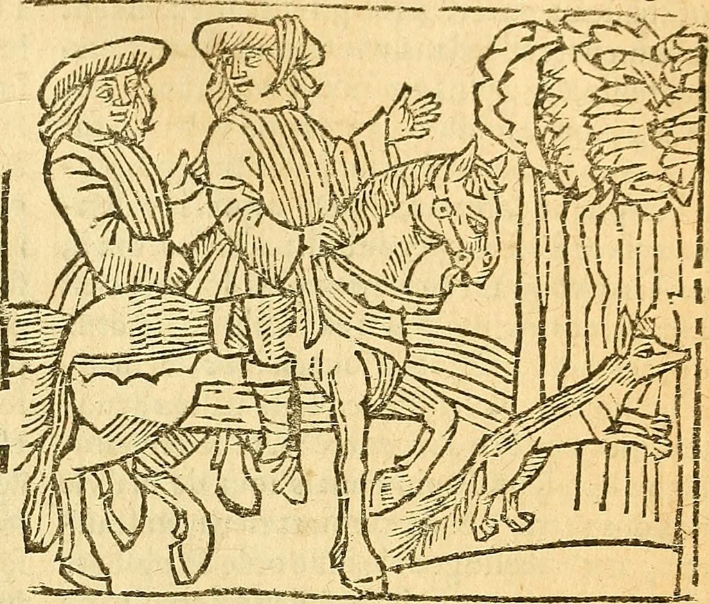 An illustration from L'Hystoire des devx prevx tres nobles et tres-vaillans chevaliers Valentin et Orson : fils de l'Empereur de Grece, & nepueux du tres-vaillant & tres-Chrestien Roy de France, Pepin. Contenant plusieurs & diuerses matieres, comme vous pourrez veoir cy apres, 1614, leaf 42