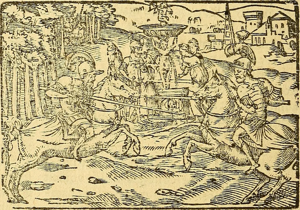 An illustration from L'Hystoire des devx prevx tres nobles et tres-vaillans chevaliers Valentin et Orson : fils de l'Empereur de Grece, & nepueux du tres-vaillant & tres-Chrestien Roy de France, Pepin. Contenant plusieurs & diuerses matieres, comme vous pourrez veoir cy apres, 1614, leaf 45