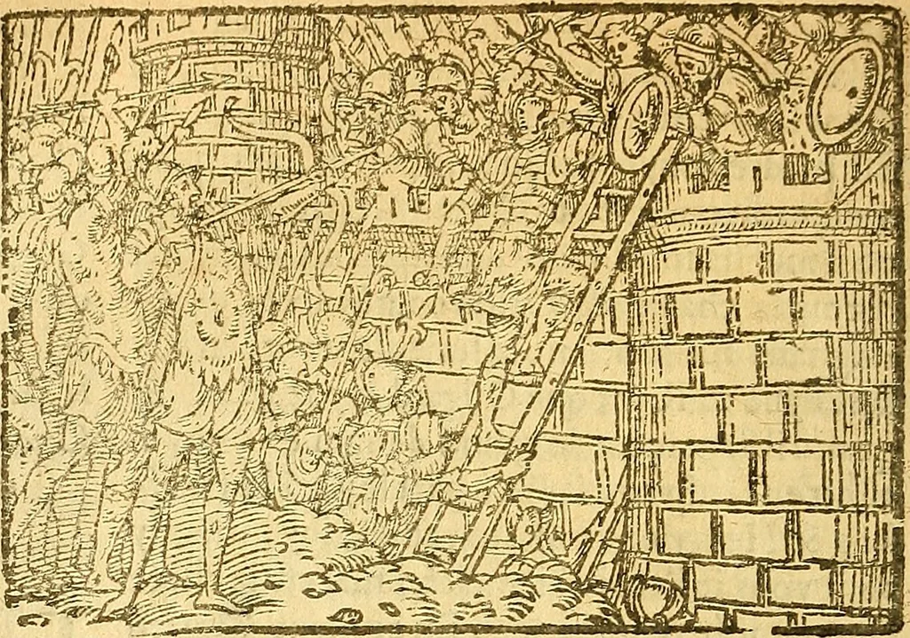 An illustration from L'Hystoire des devx prevx tres nobles et tres-vaillans chevaliers Valentin et Orson : fils de l'Empereur de Grece, & nepueux du tres-vaillant & tres-Chrestien Roy de France, Pepin. Contenant plusieurs & diuerses matieres, comme vous pourrez veoir cy apres, 1614, leaf 47
