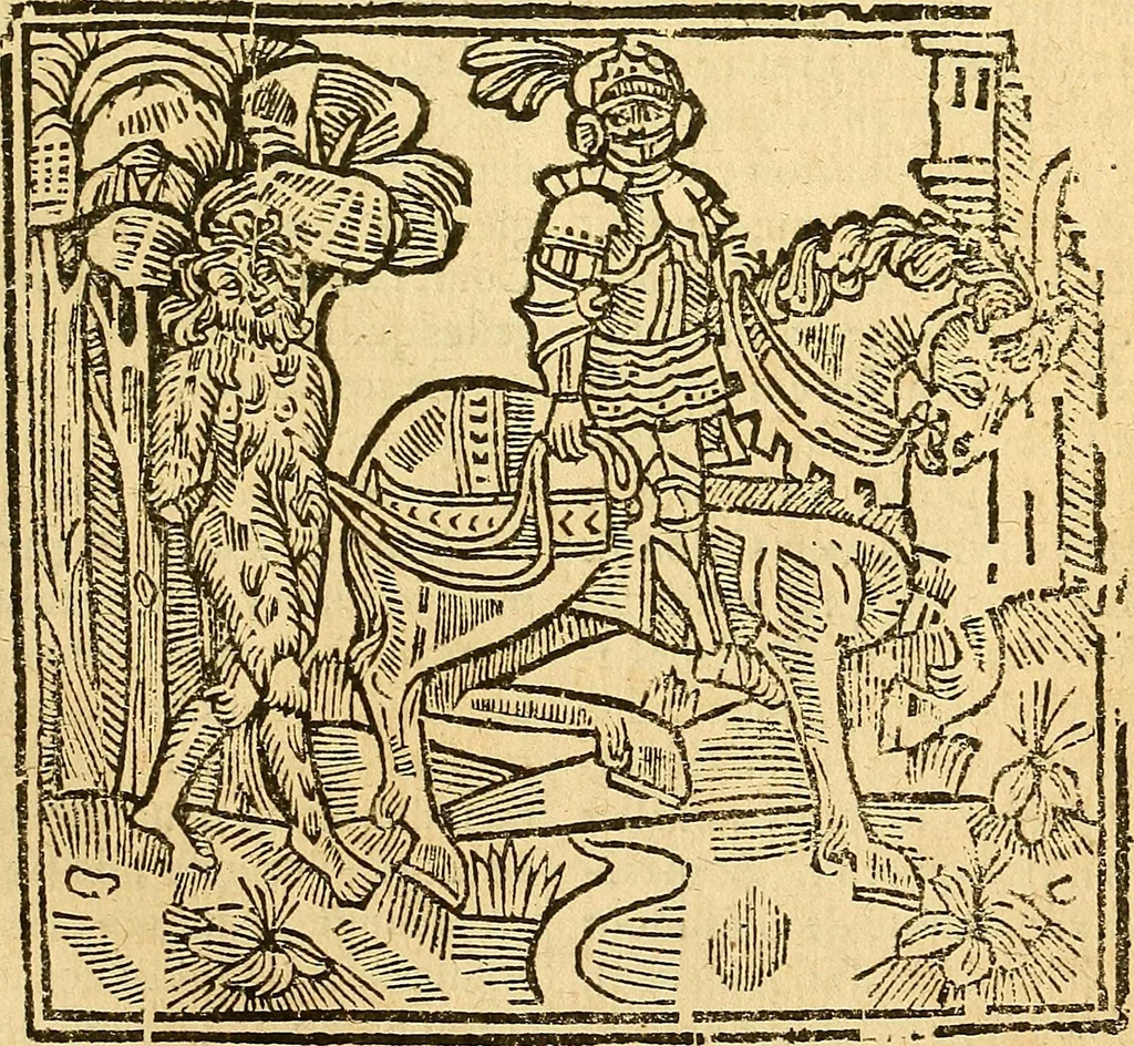 An illustration from L'Hystoire des devx prevx tres nobles et tres-vaillans chevaliers Valentin et Orson : fils de l'Empereur de Grece, & nepueux du tres-vaillant & tres-Chrestien Roy de France, Pepin. Contenant plusieurs & diuerses matieres, comme vous pourrez veoir cy apres, 1614, leaf 56