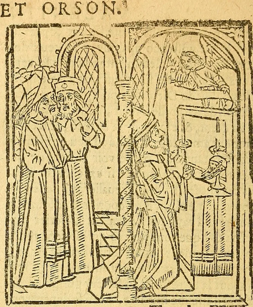An illustration from L'Hystoire des devx prevx tres nobles et tres-vaillans chevaliers Valentin et Orson : fils de l'Empereur de Grece, & nepueux du tres-vaillant & tres-Chrestien Roy de France, Pepin. Contenant plusieurs & diuerses matieres, comme vous pourrez veoir cy apres, 1614, leaf 61