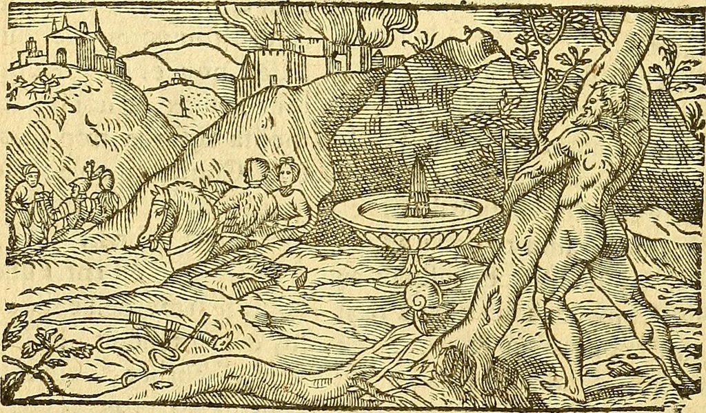 An illustration from L'Hystoire des devx prevx tres nobles et tres-vaillans chevaliers Valentin et Orson : fils de l'Empereur de Grece, & nepueux du tres-vaillant & tres-Chrestien Roy de France, Pepin. Contenant plusieurs & diuerses matieres, comme vous pourrez veoir cy apres, 1614, leaf 69