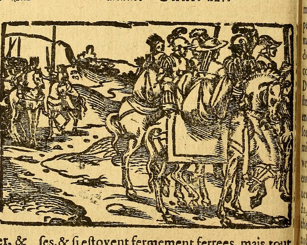 An illustration from L'Hystoire des devx prevx tres nobles et tres-vaillans chevaliers Valentin et Orson : fils de l'Empereur de Grece, & nepueux du tres-vaillant & tres-Chrestien Roy de France, Pepin. Contenant plusieurs & diuerses matieres, comme vous pourrez veoir cy apres, 1614, leaf 79