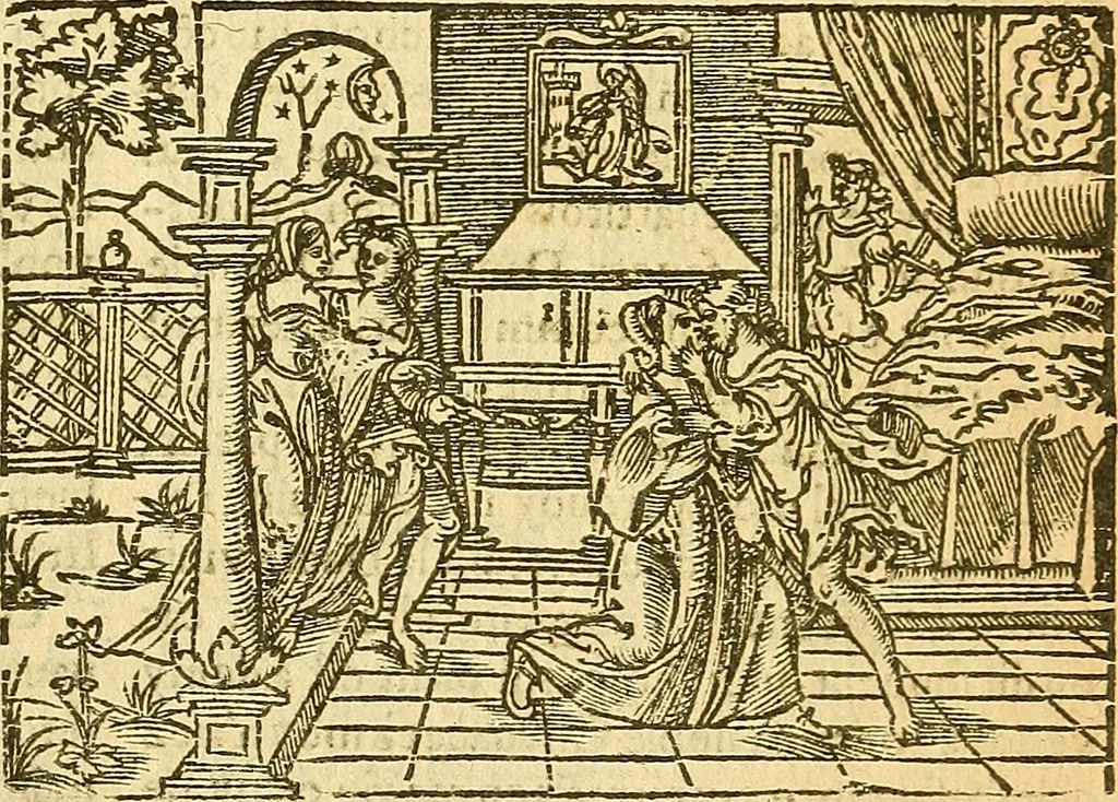 An illustration from L'Hystoire des devx prevx tres nobles et tres-vaillans chevaliers Valentin et Orson : fils de l'Empereur de Grece, & nepueux du tres-vaillant & tres-Chrestien Roy de France, Pepin. Contenant plusieurs & diuerses matieres, comme vous pourrez veoir cy apres, 1614, leaf 86
