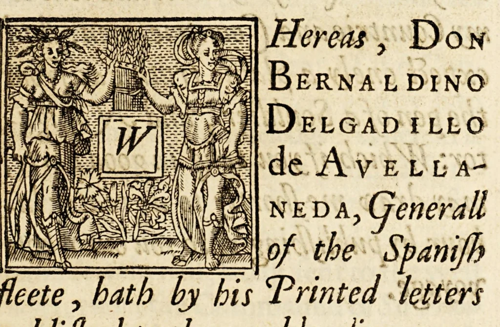 An illustration from A libell of Spanish lies: : found at the sacke of Cales, discoursing the fight in the West Indies, twixt the English nauie being fourteene ships and pinasses, and a fleete of twentie saile of the king of Spaines, and of the death of Sir Francis Drake. : With an answere briefely confuting the Spanish lies, and a short relation of the fight according to truth, 1596, leaf 11