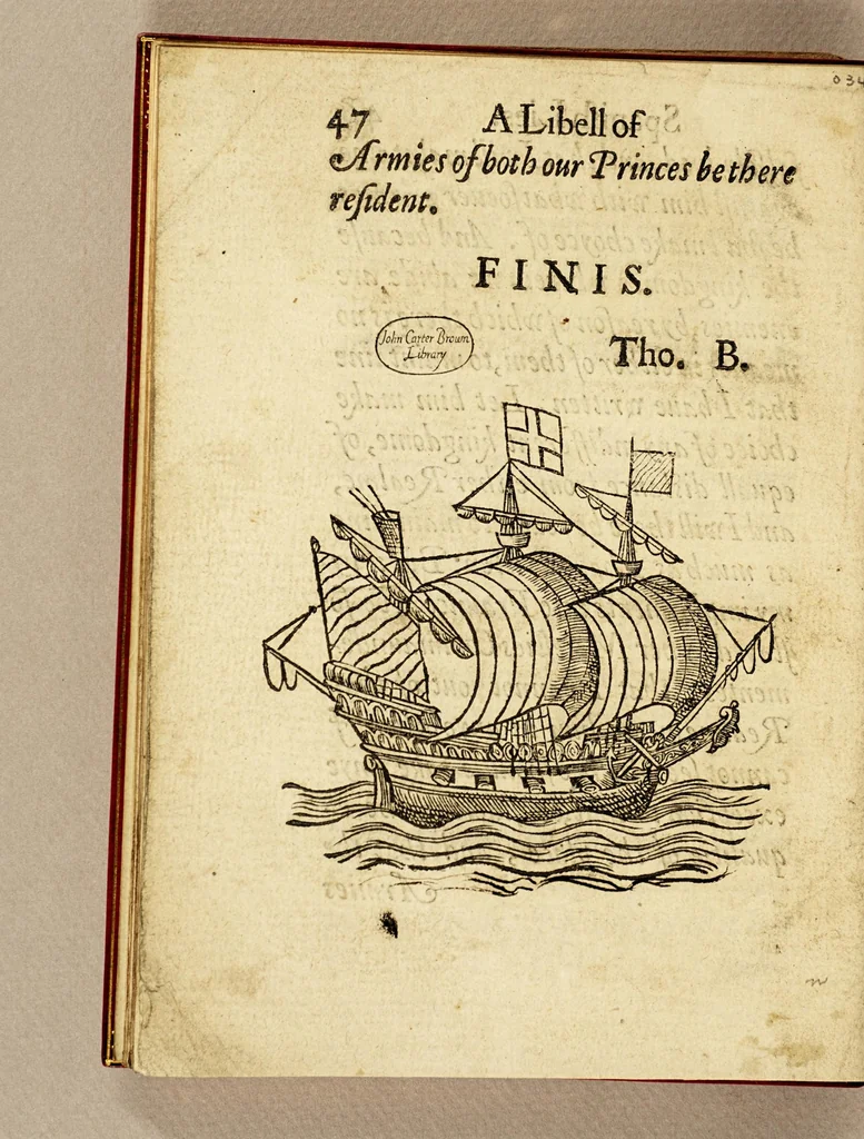 An illustration from A libell of Spanish lies: : found at the sacke of Cales, discoursing the fight in the West Indies, twixt the English nauie being fourteene ships and pinasses, and a fleete of twentie saile of the king of Spaines, and of the death of Sir Francis Drake. : With an answere briefely confuting the Spanish lies, and a short relation of the fight according to truth, 1596, leaf 62