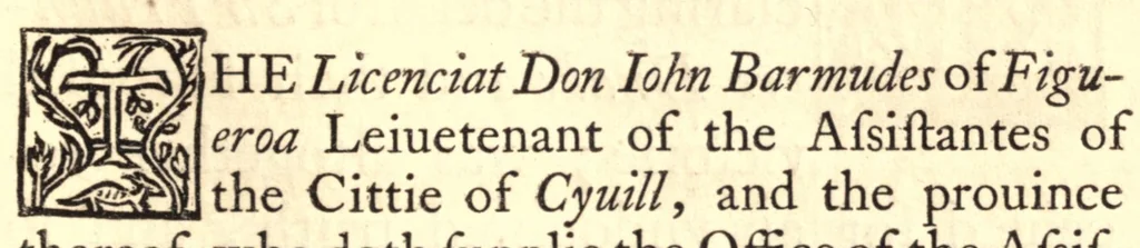 An illustration from A libell of Spanish lies: fovnd at the sacke of Cales, discoursing the fight in the West Indies, twixt the English nauie being fourteene ships and pinasses, and a fleete of twentie saile of the king of Spaines, and of the death of Sir Francis Drake. With an answere briefely confuting the Spanish lies, and a short relation of the fight according to truth, written by Henri Sauile Esquire. And also an approbation of this discourse, by Sir Thomas Baskeruile, then generall of the English fleete in that seruice: auowing the maintenance thereof, personally in armes against Don Bernaldino, if hee shall take exceptions to that which is heere set downe, touching the fight twixt both nauies, or iustifie that which he hath most falsely reported in his vaine printed letter, 1596, leaf 27