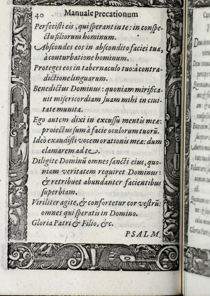 An illustration from Liber precationvm : qvas Carolvs Calvvs, imperator Hludouici Pij caesaris filius, sibi adolescenti pro quotidiano vsuante años vigintiquinq[ue] supra septingentos in vnum colligi & literis scribi aureis mandauit : in honorem et vsvm serenissimi principis Maximiliani ... : nunc primum in lucem editus & posteritati communicatus, 1583, leaf 100