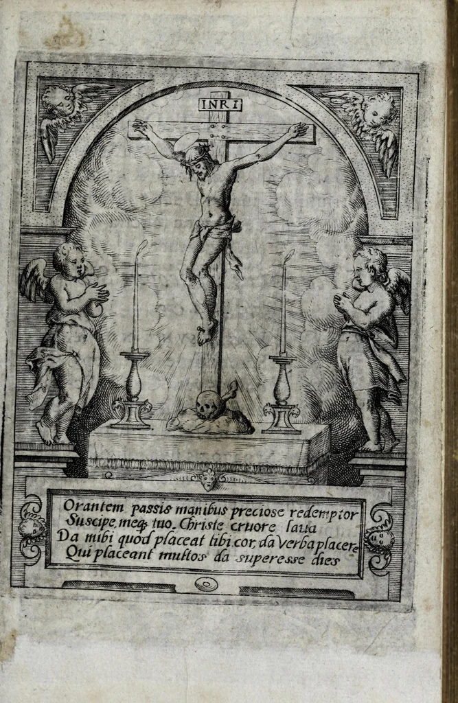 An illustration from Liber precationvm : qvas Carolvs Calvvs, imperator Hludouici Pij caesaris filius, sibi adolescenti pro quotidiano vsuante años vigintiquinq[ue] supra septingentos in vnum colligi & literis scribi aureis mandauit : in honorem et vsvm serenissimi principis Maximiliani ... : nunc primum in lucem editus & posteritati communicatus, 1583, leaf 11