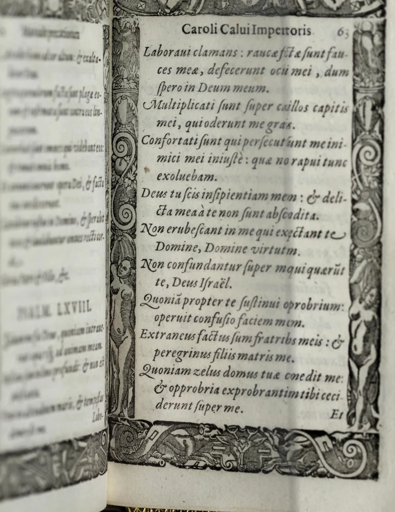 An illustration from Liber precationvm : qvas Carolvs Calvvs, imperator Hludouici Pij caesaris filius, sibi adolescenti pro quotidiano vsuante años vigintiquinq[ue] supra septingentos in vnum colligi & literis scribi aureis mandauit : in honorem et vsvm serenissimi principis Maximiliani ... : nunc primum in lucem editus & posteritati communicatus, 1583, leaf 129
