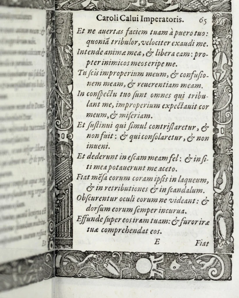 An illustration from Liber precationvm : qvas Carolvs Calvvs, imperator Hludouici Pij caesaris filius, sibi adolescenti pro quotidiano vsuante años vigintiquinq[ue] supra septingentos in vnum colligi & literis scribi aureis mandauit : in honorem et vsvm serenissimi principis Maximiliani ... : nunc primum in lucem editus & posteritati communicatus, 1583, leaf 131