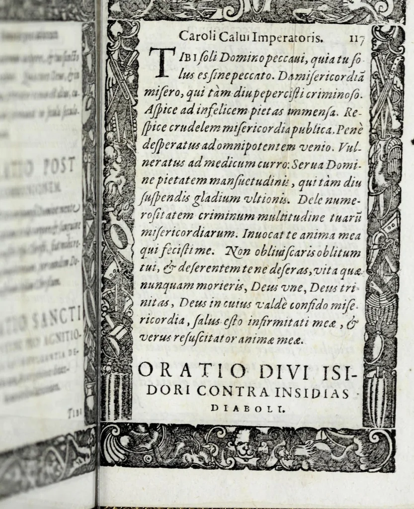 An illustration from Liber precationvm : qvas Carolvs Calvvs, imperator Hludouici Pij caesaris filius, sibi adolescenti pro quotidiano vsuante años vigintiquinq[ue] supra septingentos in vnum colligi & literis scribi aureis mandauit : in honorem et vsvm serenissimi principis Maximiliani ... : nunc primum in lucem editus & posteritati communicatus, 1583, leaf 185