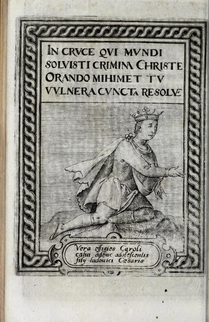 An illustration from Liber precationvm : qvas Carolvs Calvvs, imperator Hludouici Pij caesaris filius, sibi adolescenti pro quotidiano vsuante años vigintiquinq[ue] supra septingentos in vnum colligi & literis scribi aureis mandauit : in honorem et vsvm serenissimi principis Maximiliani ... : nunc primum in lucem editus & posteritati communicatus, 1583, leaf 192