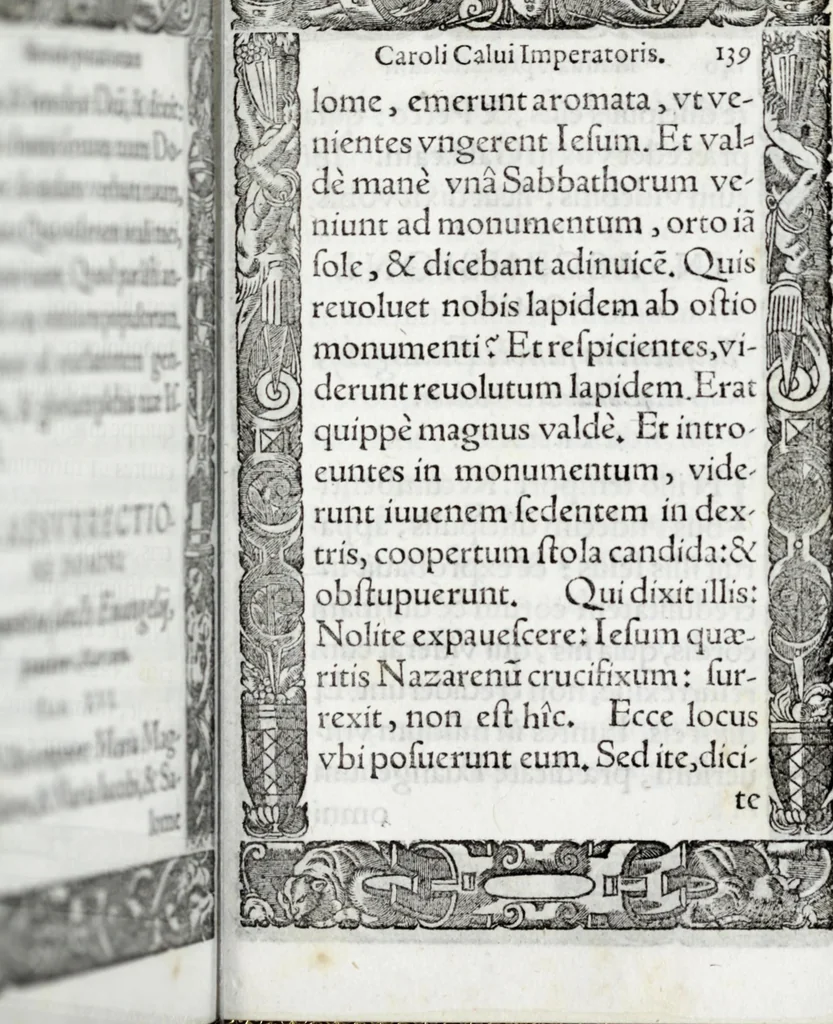 An illustration from Liber precationvm : qvas Carolvs Calvvs, imperator Hludouici Pij caesaris filius, sibi adolescenti pro quotidiano vsuante años vigintiquinq[ue] supra septingentos in vnum colligi & literis scribi aureis mandauit : in honorem et vsvm serenissimi principis Maximiliani ... : nunc primum in lucem editus & posteritati communicatus, 1583, leaf 211