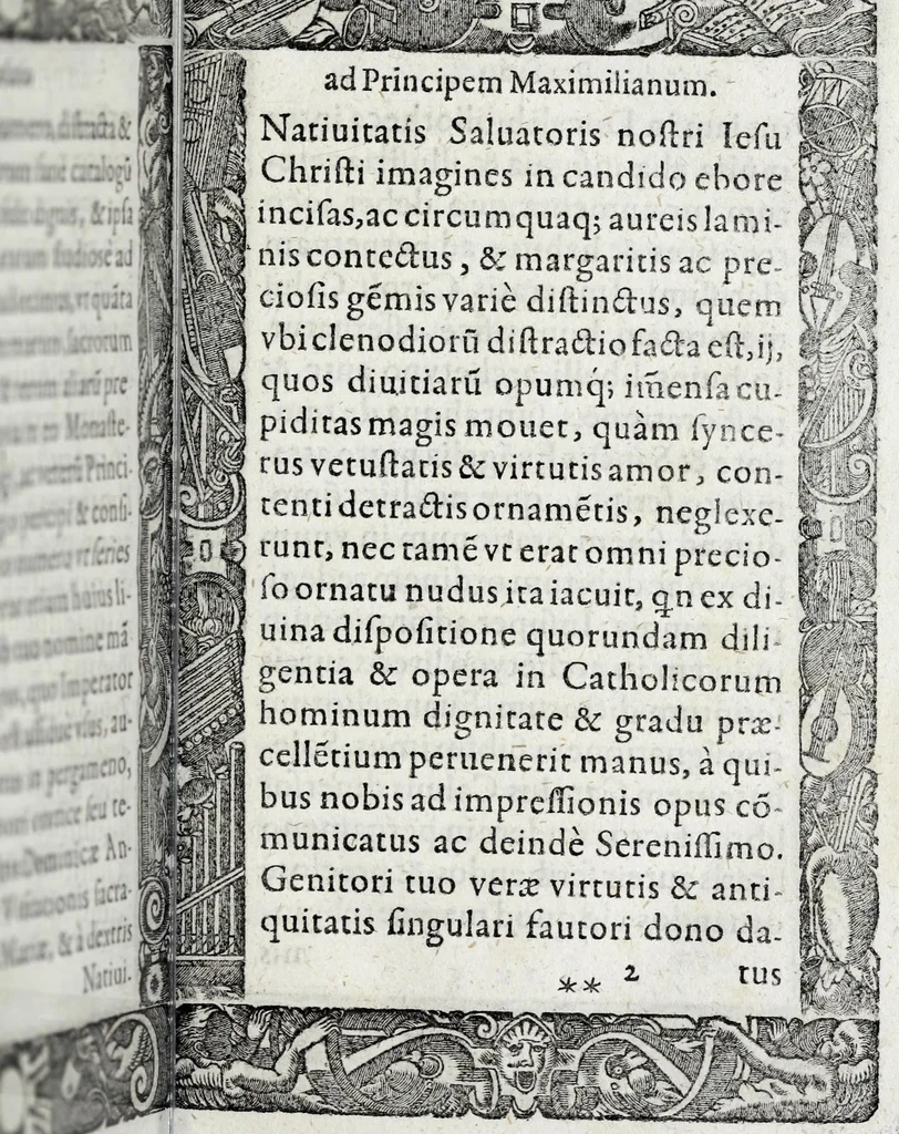 An illustration from Liber precationvm : qvas Carolvs Calvvs, imperator Hludouici Pij caesaris filius, sibi adolescenti pro quotidiano vsuante años vigintiquinq[ue] supra septingentos in vnum colligi & literis scribi aureis mandauit : in honorem et vsvm serenissimi principis Maximiliani ... : nunc primum in lucem editus & posteritati communicatus, 1583, leaf 29