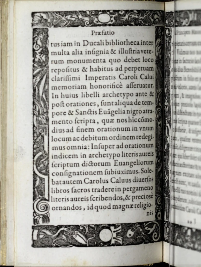 An illustration from Liber precationvm : qvas Carolvs Calvvs, imperator Hludouici Pij caesaris filius, sibi adolescenti pro quotidiano vsuante años vigintiquinq[ue] supra septingentos in vnum colligi & literis scribi aureis mandauit : in honorem et vsvm serenissimi principis Maximiliani ... : nunc primum in lucem editus & posteritati communicatus, 1583, leaf 32