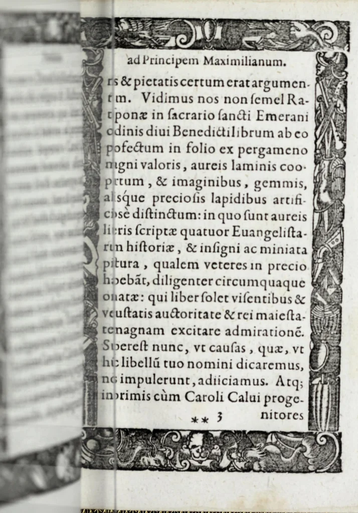 An illustration from Liber precationvm : qvas Carolvs Calvvs, imperator Hludouici Pij caesaris filius, sibi adolescenti pro quotidiano vsuante años vigintiquinq[ue] supra septingentos in vnum colligi & literis scribi aureis mandauit : in honorem et vsvm serenissimi principis Maximiliani ... : nunc primum in lucem editus & posteritati communicatus, 1583, leaf 33
