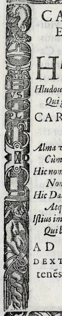 An illustration from Liber precationvm : qvas Carolvs Calvvs, imperator Hludouici Pij caesaris filius, sibi adolescenti pro quotidiano vsuante años vigintiquinq[ue] supra septingentos in vnum colligi & literis scribi aureis mandauit : in honorem et vsvm serenissimi principis Maximiliani ... : nunc primum in lucem editus & posteritati communicatus, 1583, leaf 52