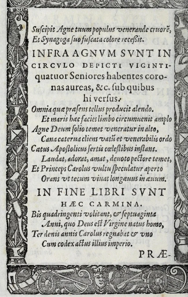 An illustration from Liber precationvm : qvas Carolvs Calvvs, imperator Hludouici Pij caesaris filius, sibi adolescenti pro quotidiano vsuante años vigintiquinq[ue] supra septingentos in vnum colligi & literis scribi aureis mandauit : in honorem et vsvm serenissimi principis Maximiliani ... : nunc primum in lucem editus & posteritati communicatus, 1583, leaf 54