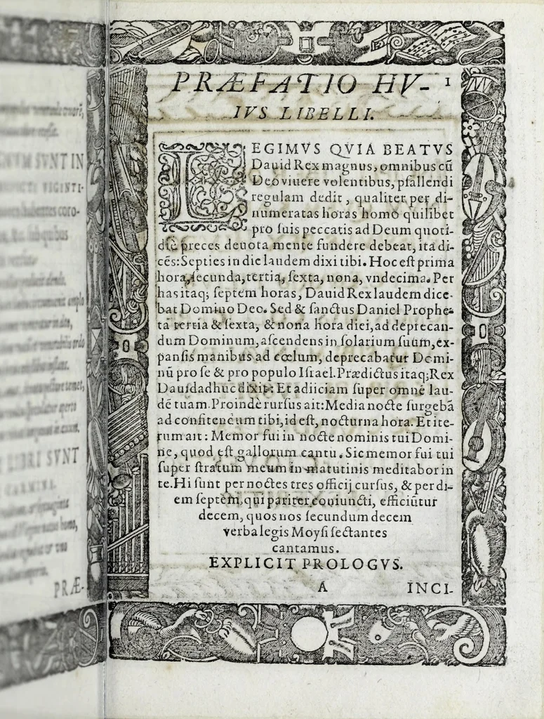 An illustration from Liber precationvm : qvas Carolvs Calvvs, imperator Hludouici Pij caesaris filius, sibi adolescenti pro quotidiano vsuante años vigintiquinq[ue] supra septingentos in vnum colligi & literis scribi aureis mandauit : in honorem et vsvm serenissimi principis Maximiliani ... : nunc primum in lucem editus & posteritati communicatus, 1583, leaf 55