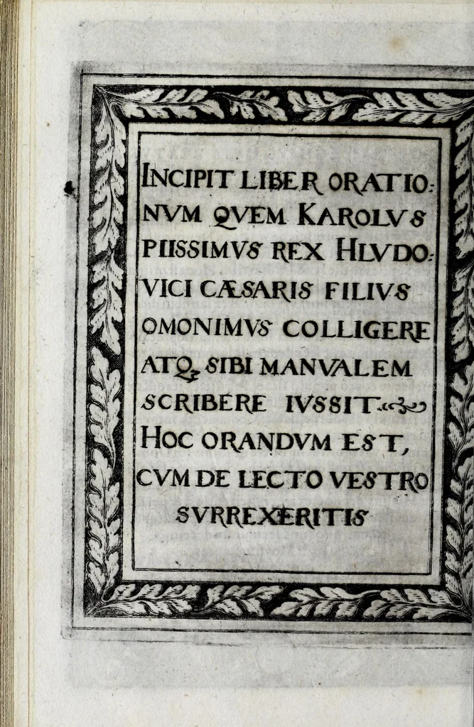 An illustration from Liber precationvm : qvas Carolvs Calvvs, imperator Hludouici Pij caesaris filius, sibi adolescenti pro quotidiano vsuante años vigintiquinq[ue] supra septingentos in vnum colligi & literis scribi aureis mandauit : in honorem et vsvm serenissimi principis Maximiliani ... : nunc primum in lucem editus & posteritati communicatus, 1583, leaf 58