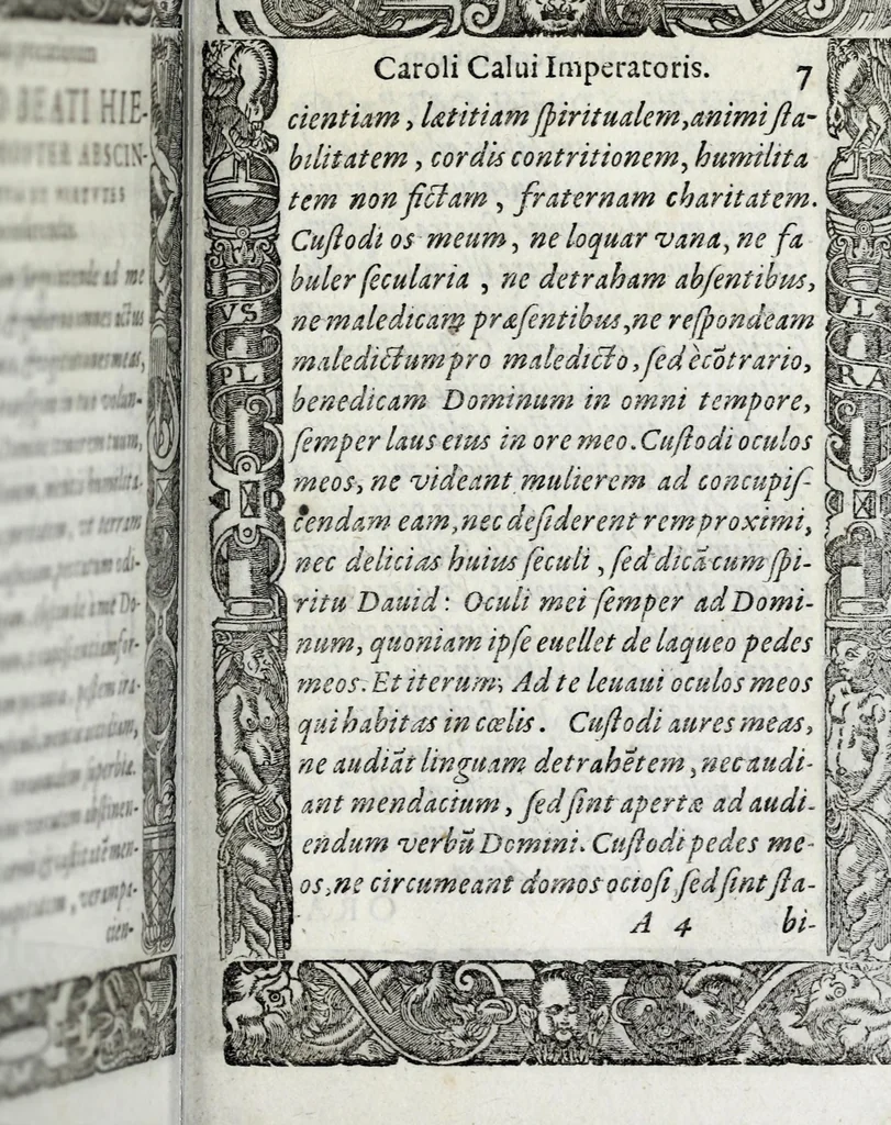 An illustration from Liber precationvm : qvas Carolvs Calvvs, imperator Hludouici Pij caesaris filius, sibi adolescenti pro quotidiano vsuante años vigintiquinq[ue] supra septingentos in vnum colligi & literis scribi aureis mandauit : in honorem et vsvm serenissimi principis Maximiliani ... : nunc primum in lucem editus & posteritati communicatus, 1583, leaf 65