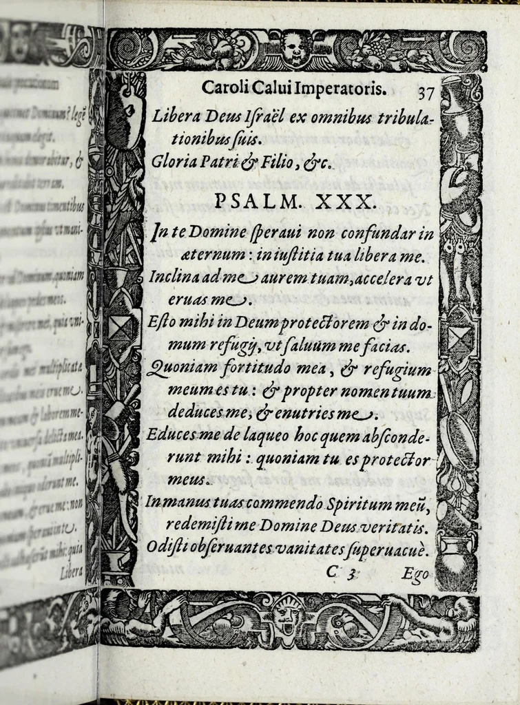 An illustration from Liber precationvm : qvas Carolvs Calvvs, imperator Hludouici Pij caesaris filius, sibi adolescenti pro quotidiano vsuante años vigintiquinq[ue] supra septingentos in vnum colligi & literis scribi aureis mandauit : in honorem et vsvm serenissimi principis Maximiliani ... : nunc primum in lucem editus & posteritati communicatus, 1583, leaf 97