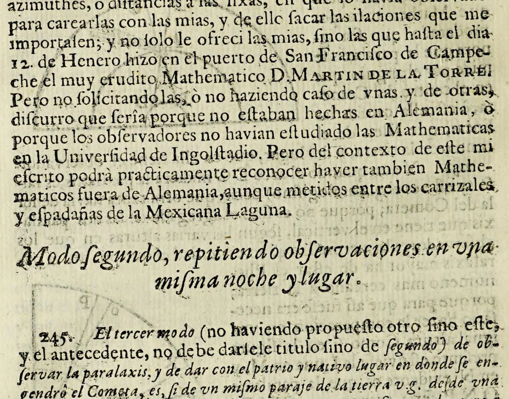 An illustration from Libra astronomica, y philosophica : en que D. Carlos de Siguenza y Gongora, cosmographo, y mathematico regio en la Academia Mexicana, examina no solo lo que a su manifiesto philosophico contra los cometas opuso el R. P. Eusebio Francisco Kino de la Compania de Jesus; sino lo que el mismo R. P. opino, y pretendio haver demostrado en su exposicion astronomica del cometa del año de 1681. Sacala à luz D. Sebastian de Guzman y Cordova, fator, veedor, proveedor, iuez oficial de la Real Haceinda de Su Magestad en la caxa desta corte, 1690, leaf 142