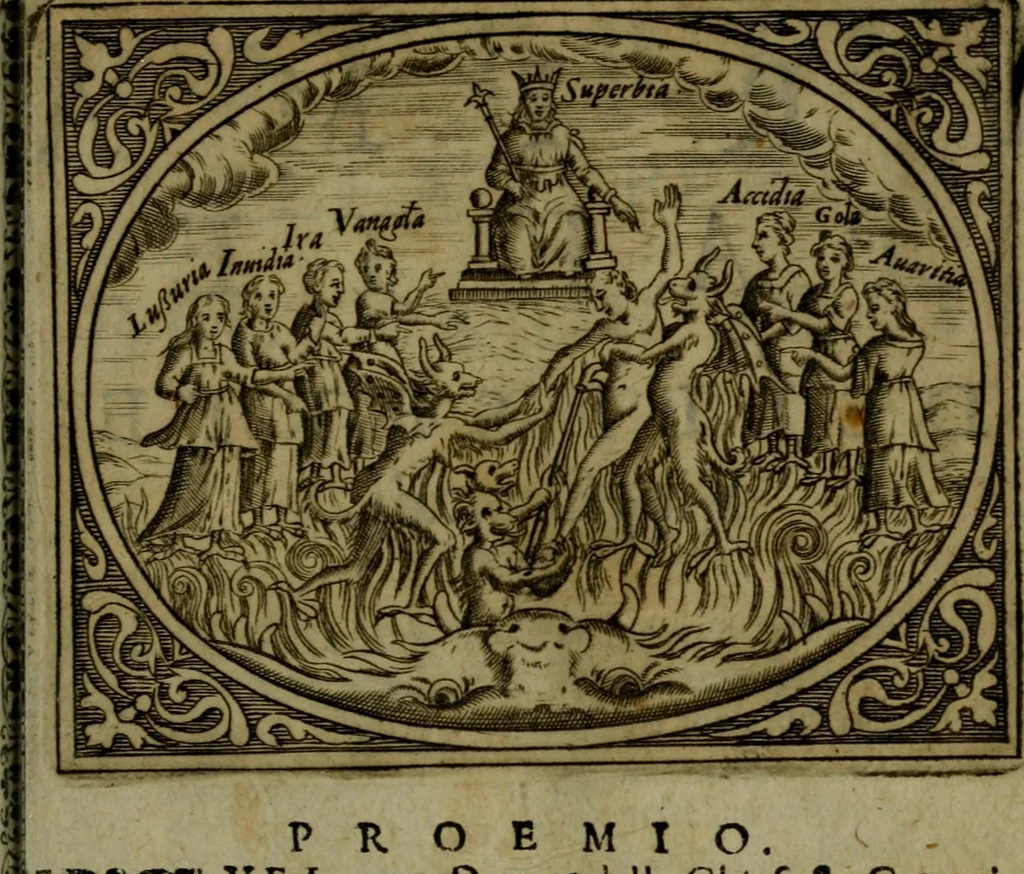 An illustration from Libretto d'imagini e di brevi meditationi sopra li sette peccati capitali, e le virtù à loro contrarie : si da ancora vna breve cognitione de' vitij per fuggirli, e delle virtù per acquistarle, 1600, leaf 16