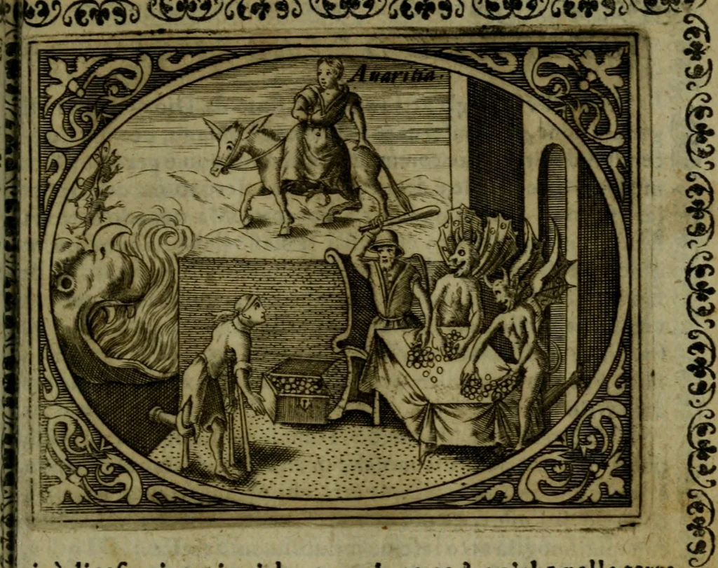 An illustration from Libretto d'imagini e di brevi meditationi sopra li sette peccati capitali, e le virtù à loro contrarie : si da ancora vna breve cognitione de' vitij per fuggirli, e delle virtù per acquistarle, 1600, leaf 30